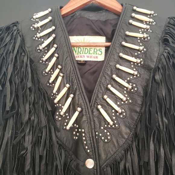 Sunriders Western Womens Fringe Bone Seed Gothic Cowgirl Tassel Leather Jacket - Picture 3 of 10